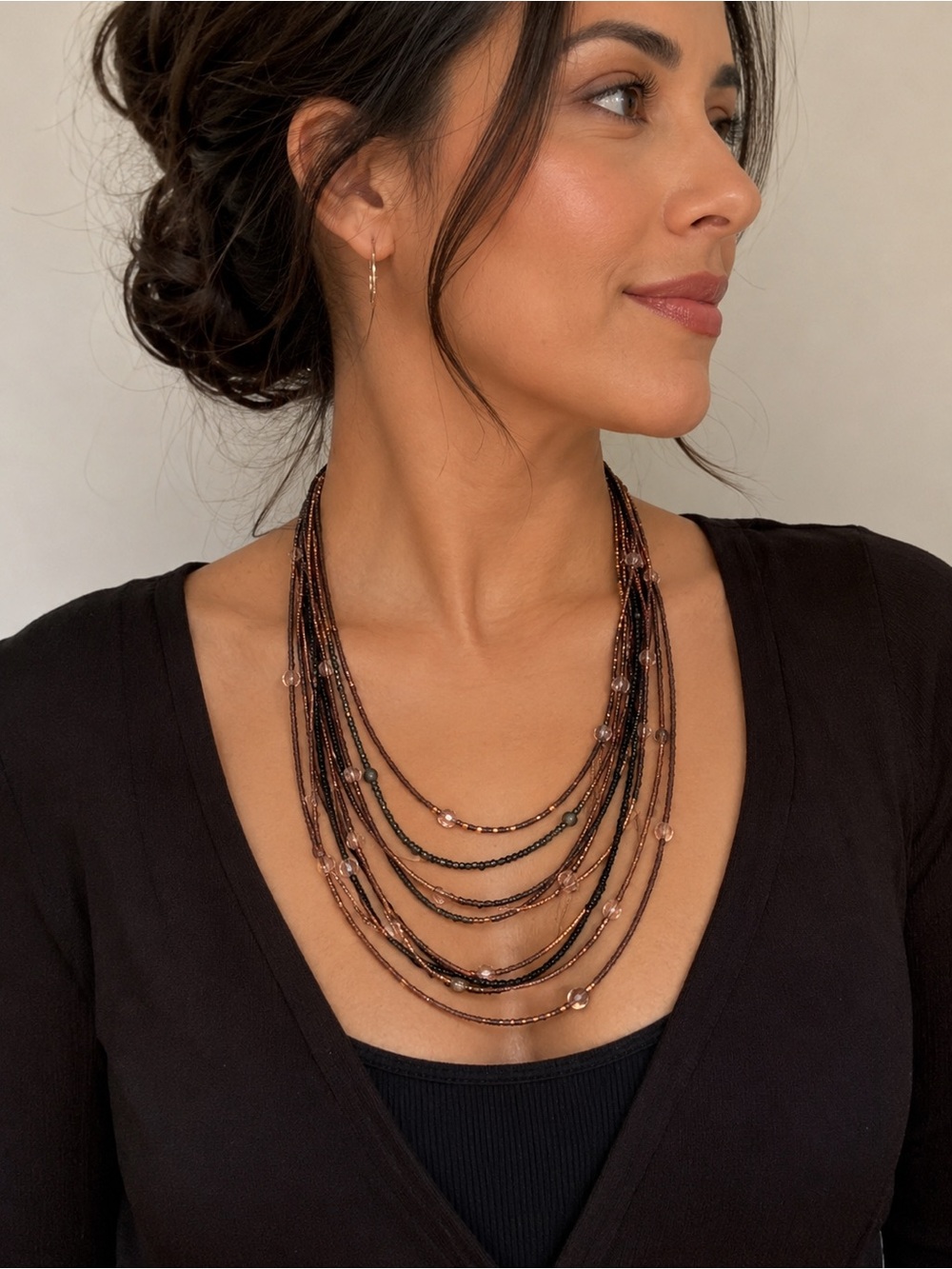 Multi-Strand Beaded Necklace in Black and Rose Gold